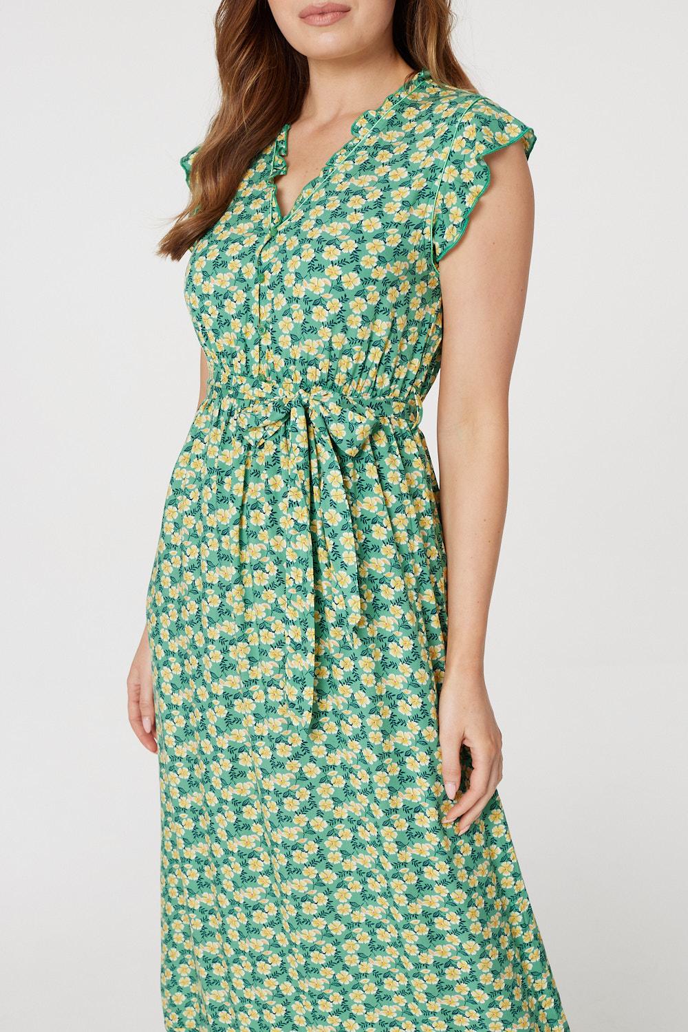 Green | Floral Frill Trim Midi Dress