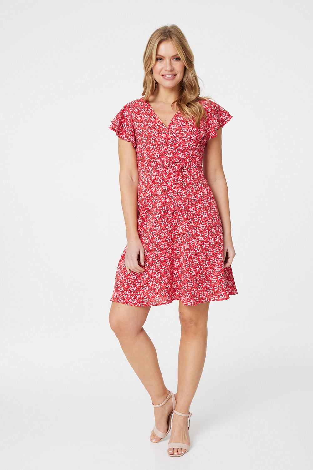 Red | Ditsy Floral Frill Sleeve Dress