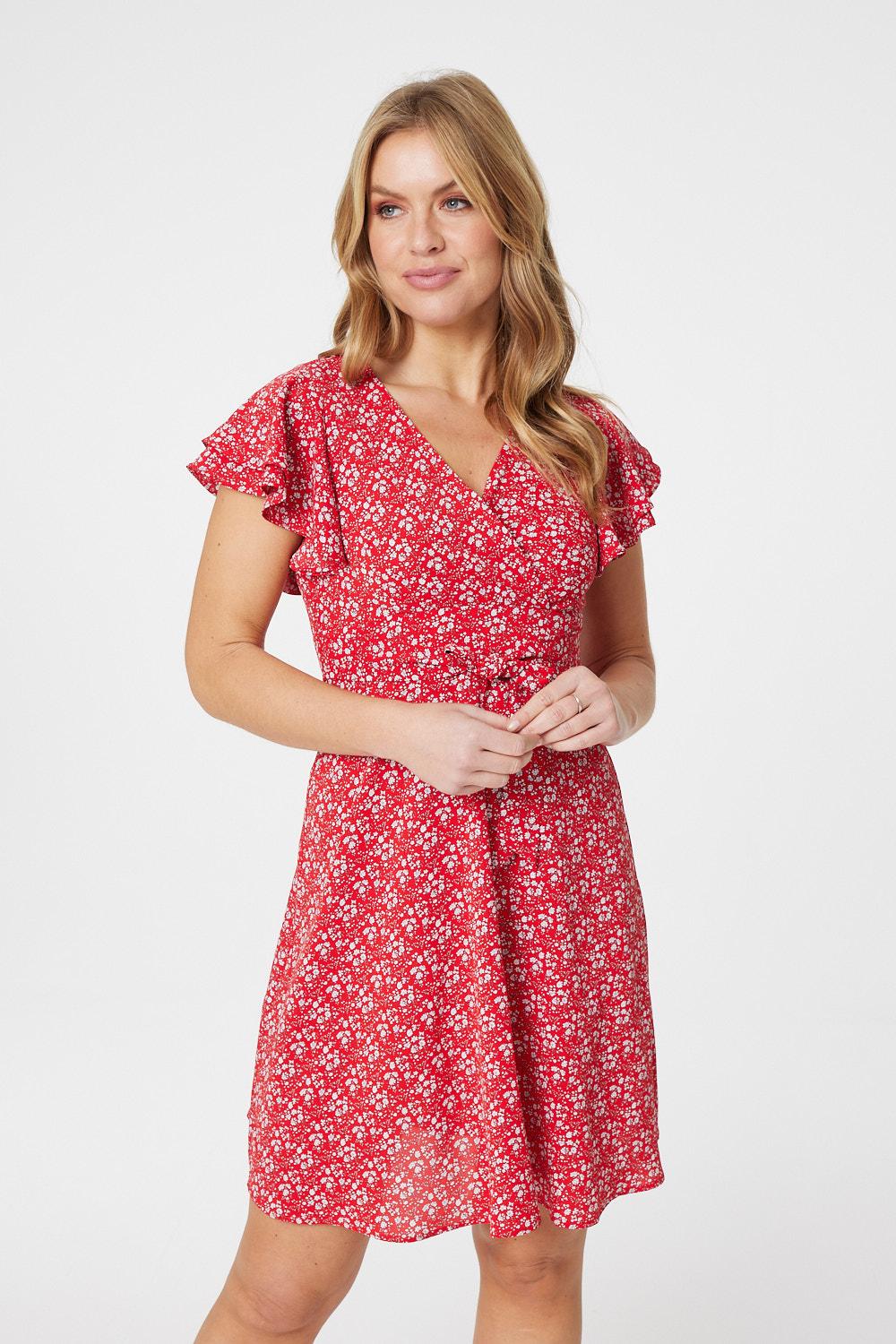 Red | Ditsy Floral Frill Sleeve Dress