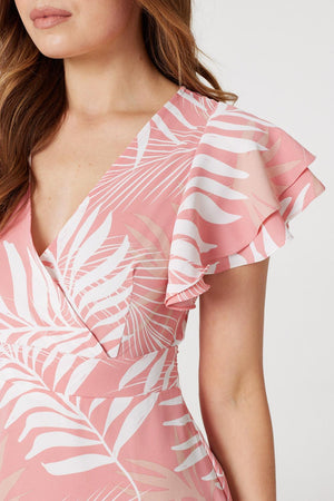 Pink | Leaf Print Cap Sleeve Skater Dress