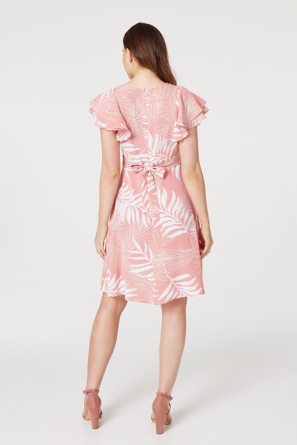 Pink | Leaf Print Cap Sleeve Skater Dress