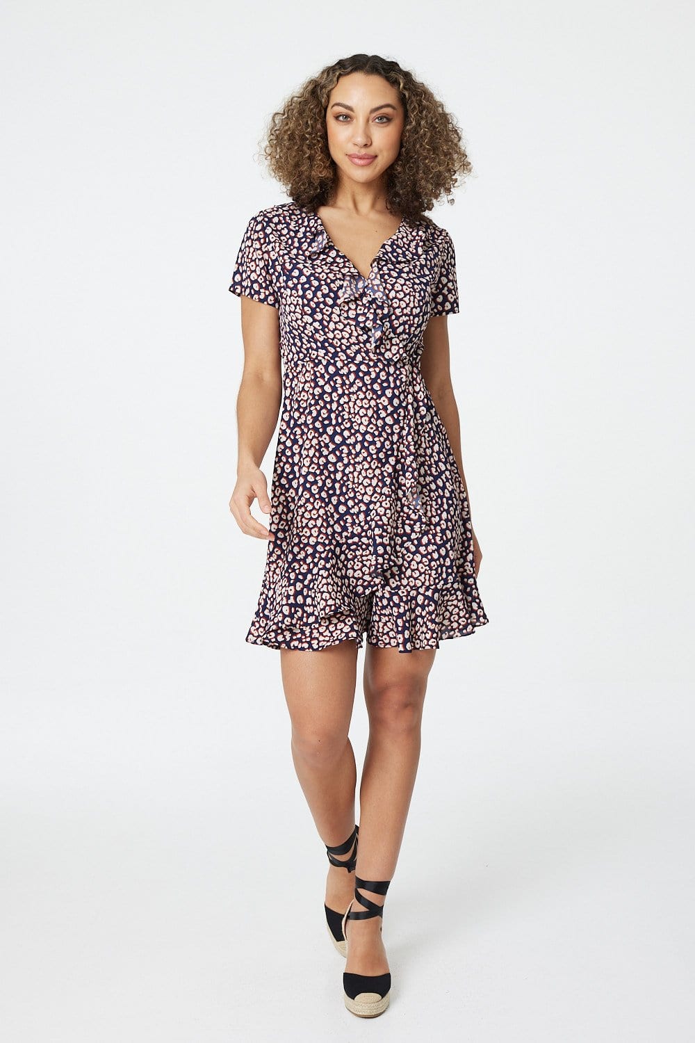 Navy | Printed Ruffle Front Wrap Dress