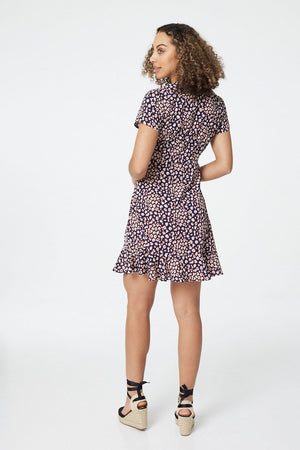 Navy | Printed Ruffle Front Wrap Dress