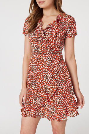 Orange | Printed Ruffle Front Wrap Dress