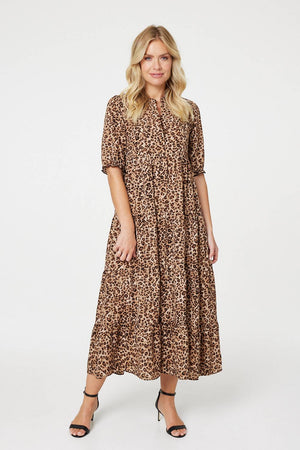 Brown | Leopard Print Tiered Maxi Dress : Model is 5'10"/178 cm and wears UK8/EU36/US4/AUS8