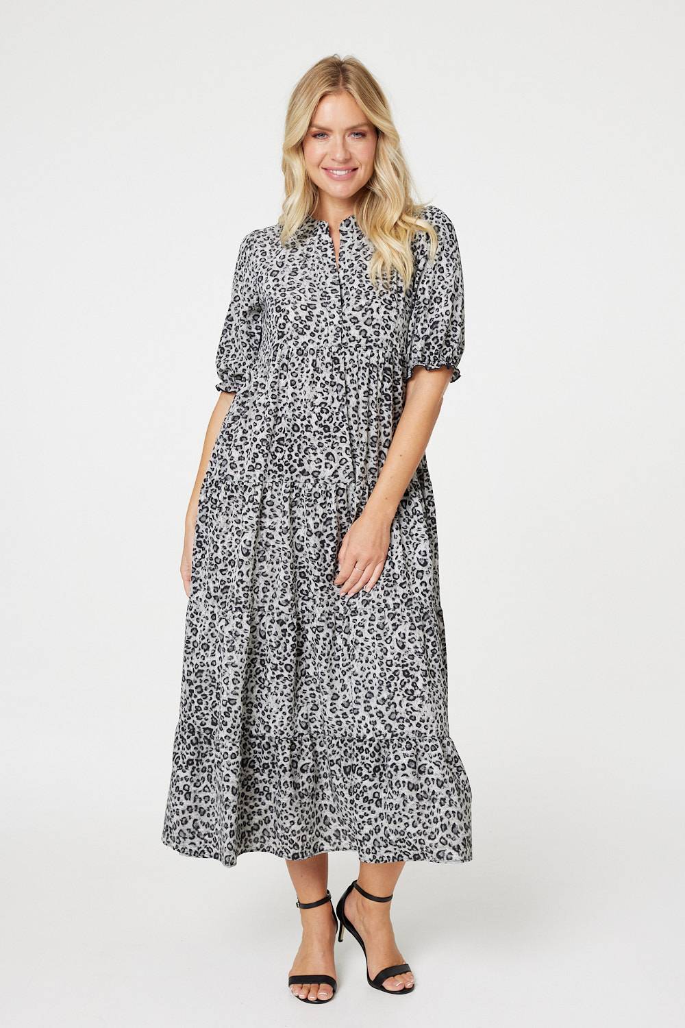 Grey | Leopard Print Tiered Maxi Dress : Model is 5'10"/178 cm and wears UK8/EU36/US4/AUS8