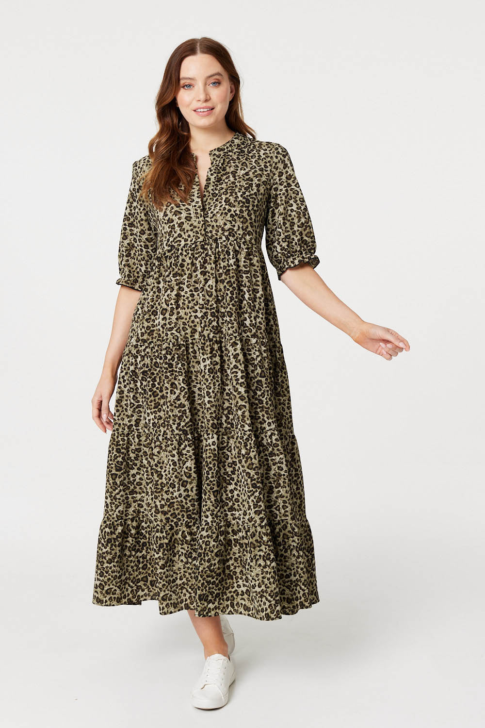 Khaki | Leopard Print Tiered Maxi Dress : Model is 5'9"/175 cm and wears UK8/EU36/US4/AUS8