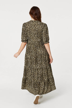 Khaki | Leopard Print Tiered Maxi Dress