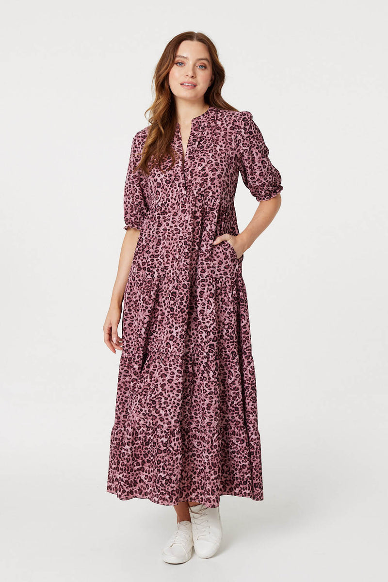 Pink | Leopard Print Tiered Maxi Dress : Model is 5'9"/175 cm and wears UK8/EU36/US4/AUS8