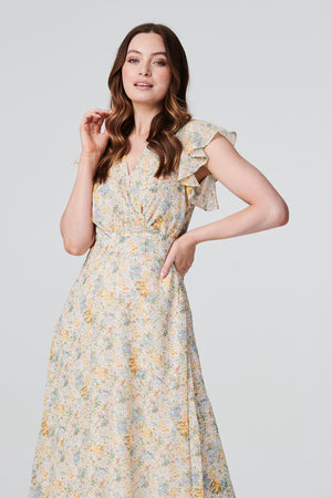White | Floral Frill Sleeve Tea Dress