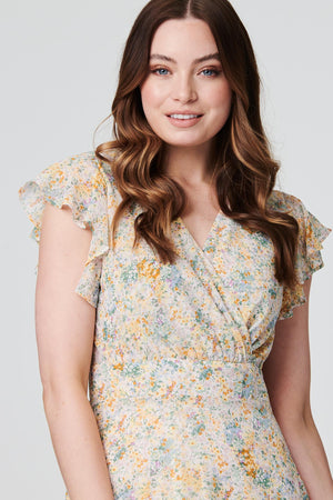 White | Floral Frill Sleeve Tea Dress