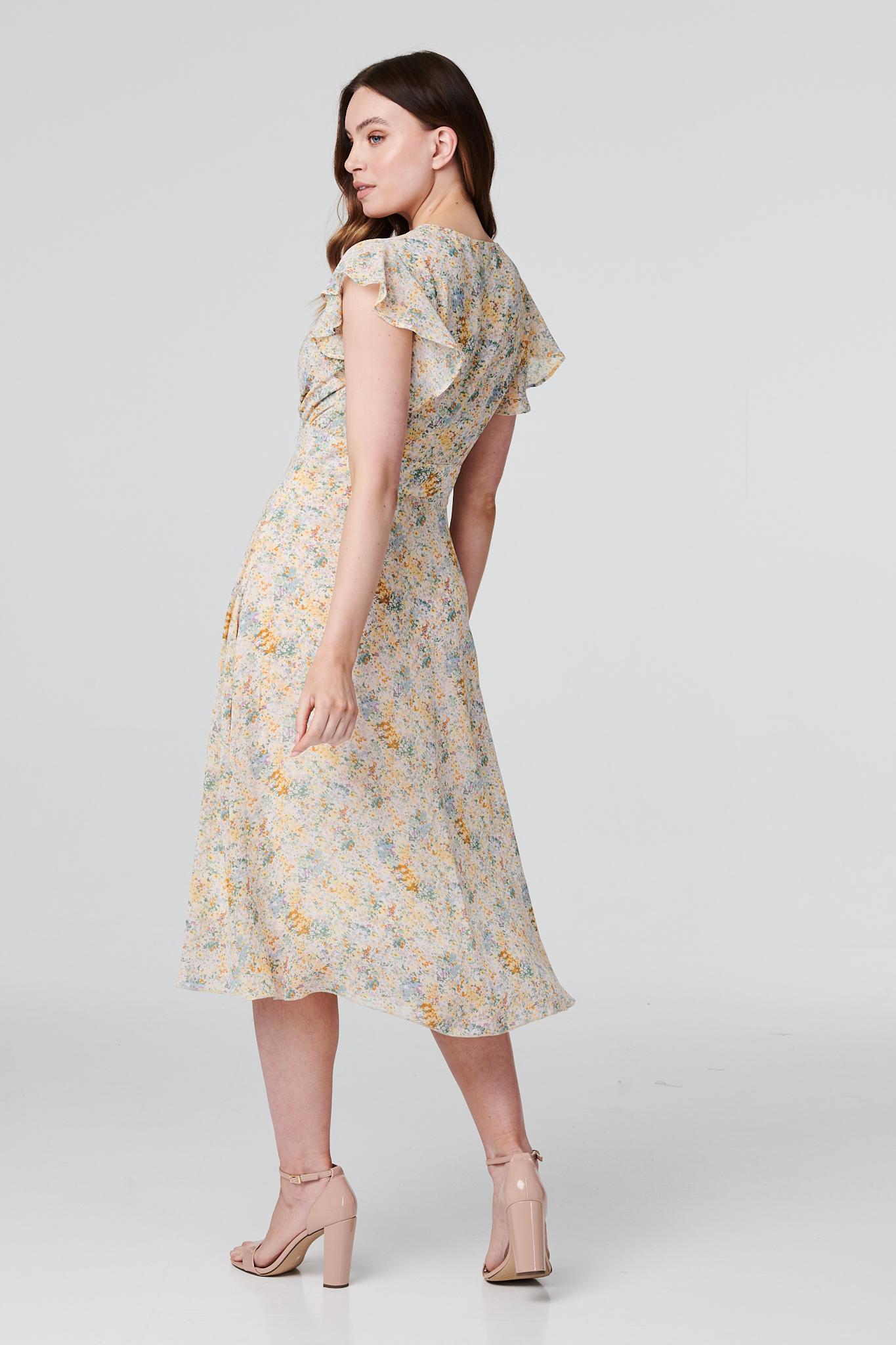 White | Floral Frill Sleeve Tea Dress