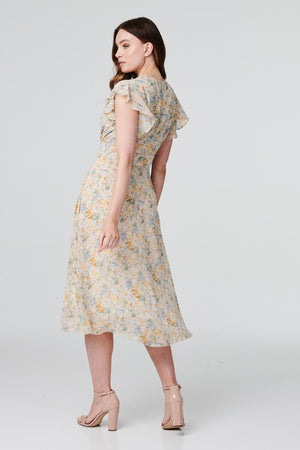 White | Floral Frill Sleeve Tea Dress
