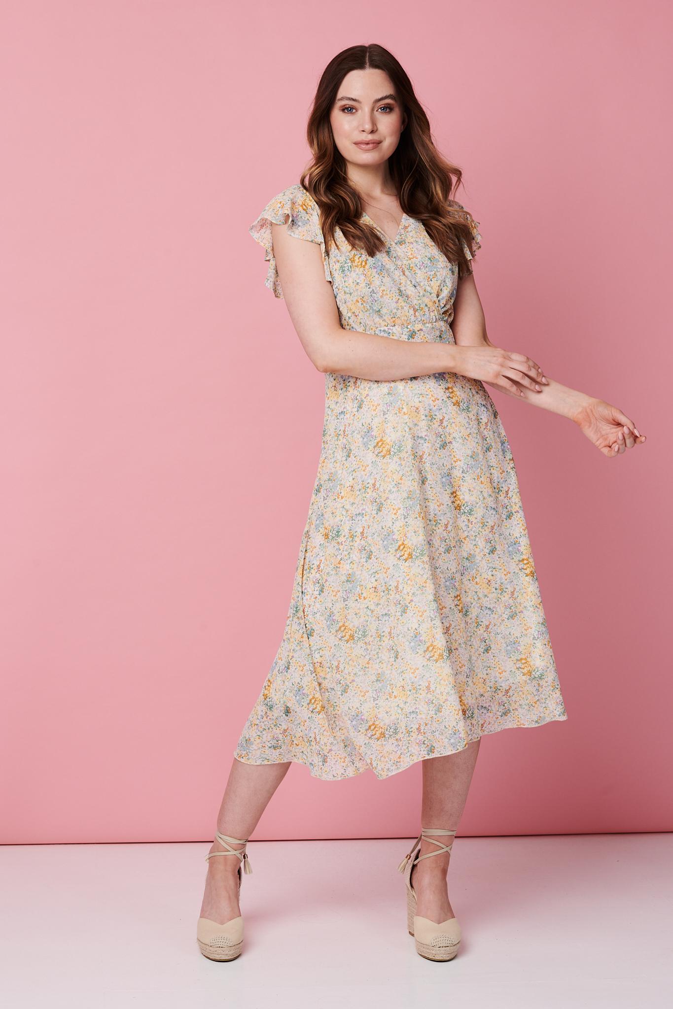 White | Floral Frill Sleeve Tea Dress