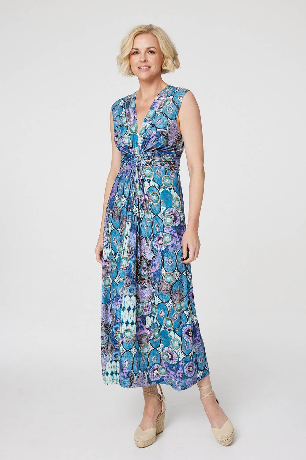 Blue | Printed Knot Front Maxi Dress 