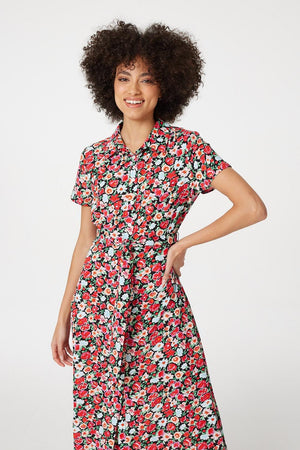 Red | Floral Short Sleeve Shirt Dress