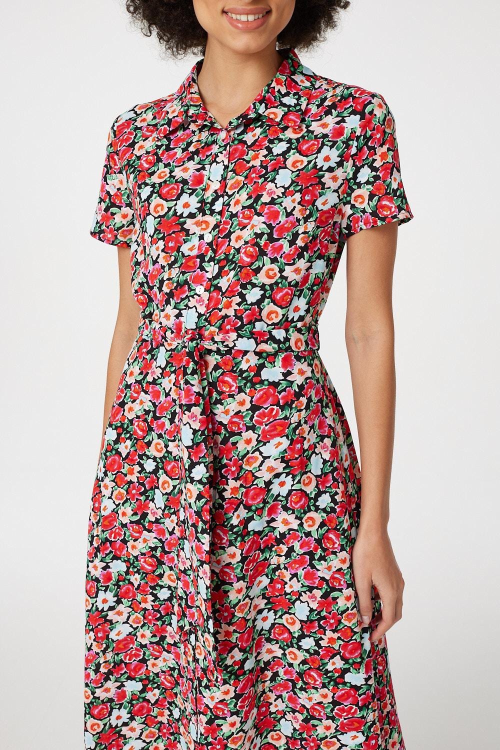 Red | Floral Short Sleeve Shirt Dress