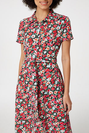 Red | Floral Short Sleeve Shirt Dress