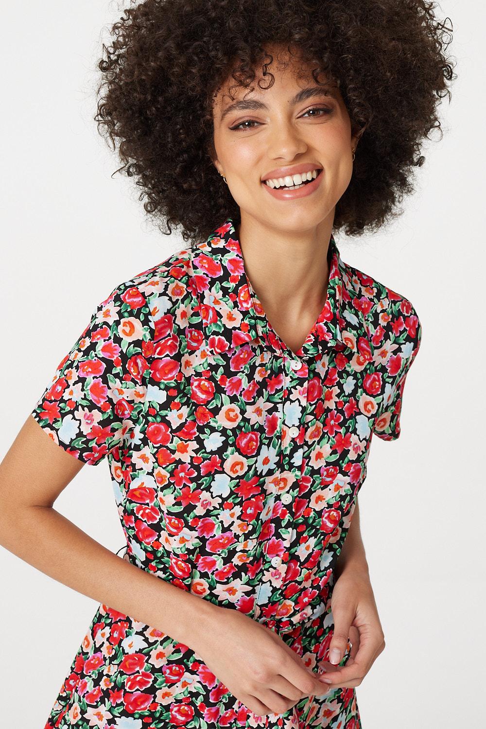 Red | Floral Short Sleeve Shirt Dress