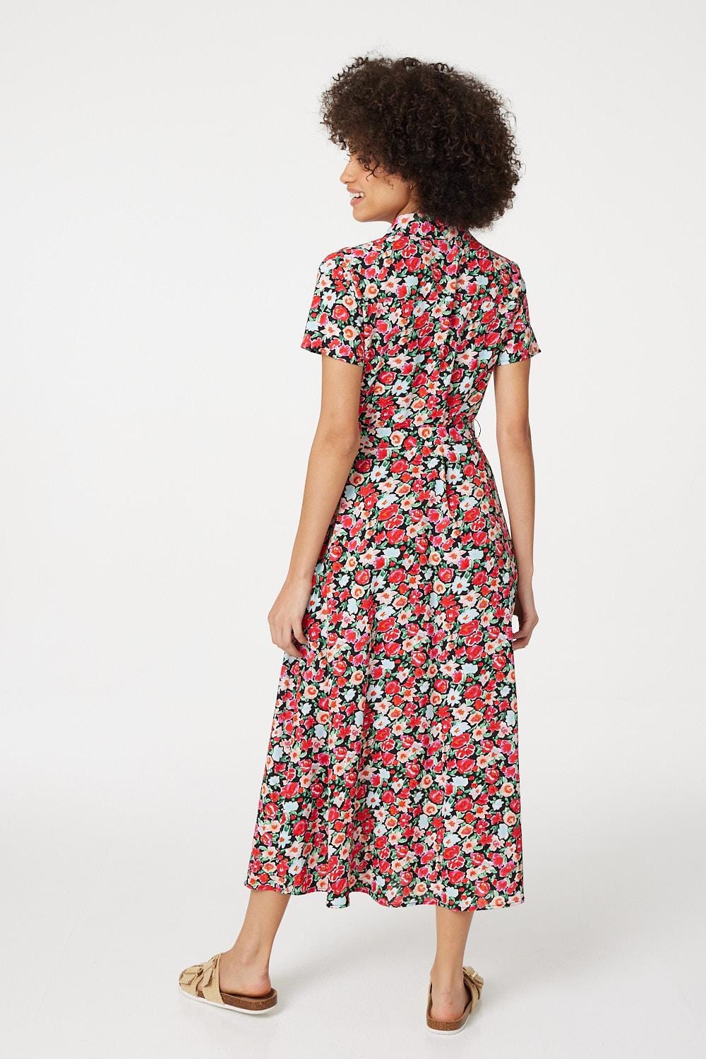 Red | Floral Short Sleeve Shirt Dress
