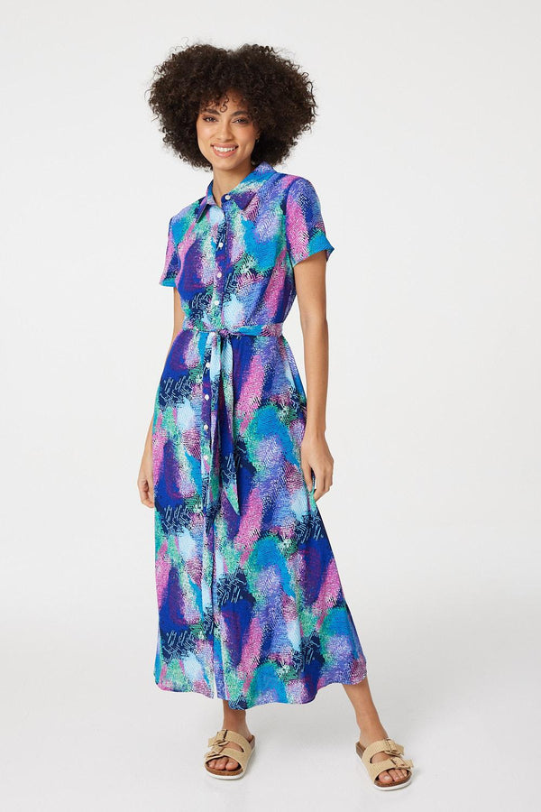 Blue | Feather Print Maxi Shirt Dress