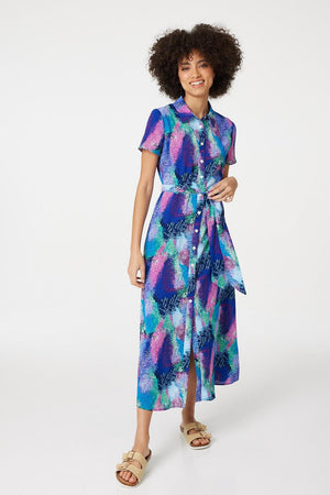 Blue | Feather Print Maxi Shirt Dress
