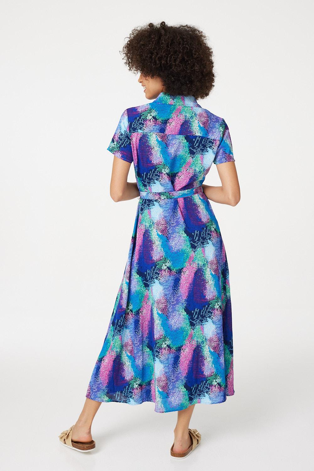 Blue | Feather Print Maxi Shirt Dress