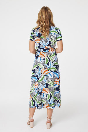 Blue | Tropical Leaf Print Shirt Dress