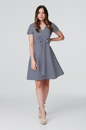 Navy | Striped Tie Front Skater Dress