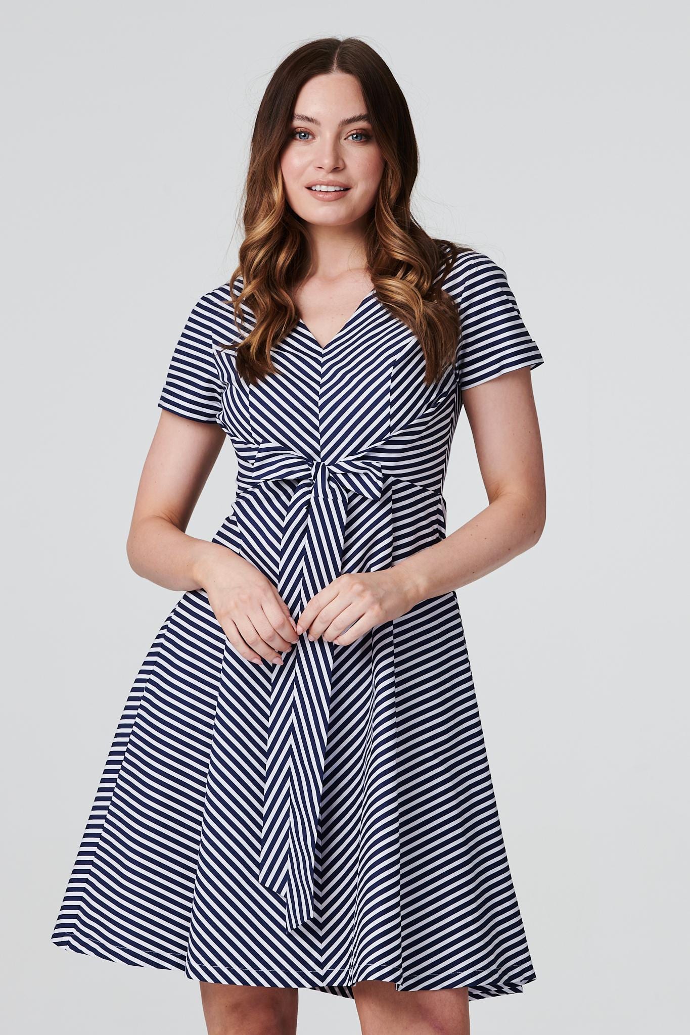 Navy | Striped Tie Front Skater Dress