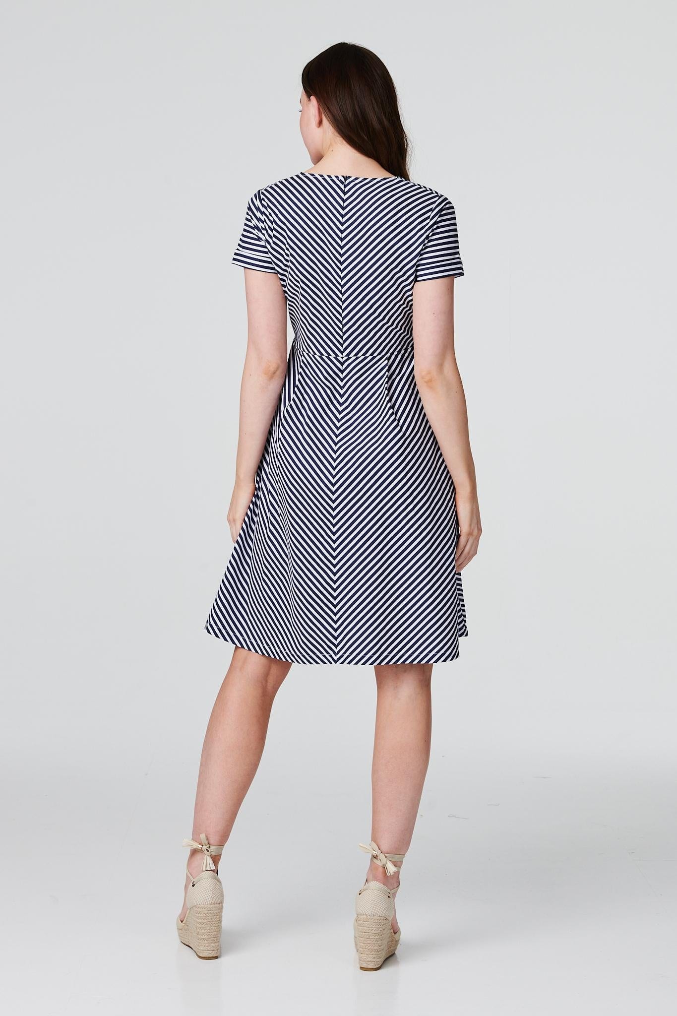 Navy | Striped Tie Front Skater Dress