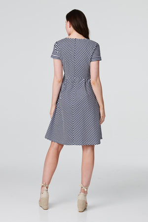 Navy | Striped Tie Front Skater Dress