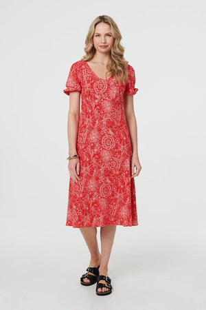 Red | Printed Short Puff Sleeve Midi Dress

