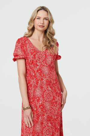 Red | Printed Short Puff Sleeve Midi Dress
