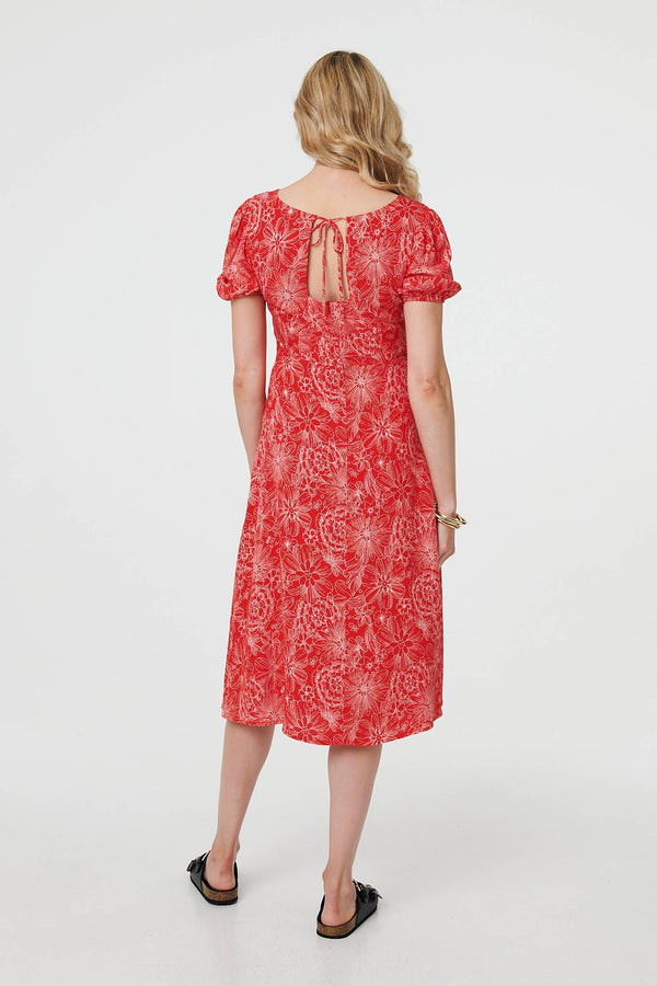 Red | Printed Short Puff Sleeve Midi Dress
