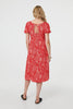 Red | Printed Short Puff Sleeve Midi Dress
