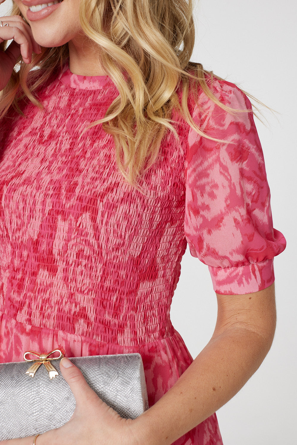 Pink | Floral Puff Sleeve Shirred Midi Dress