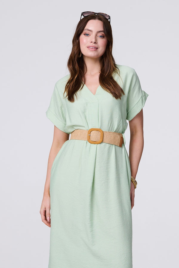 Green | V-Neck Short Sleeve Belted Tunic Dress