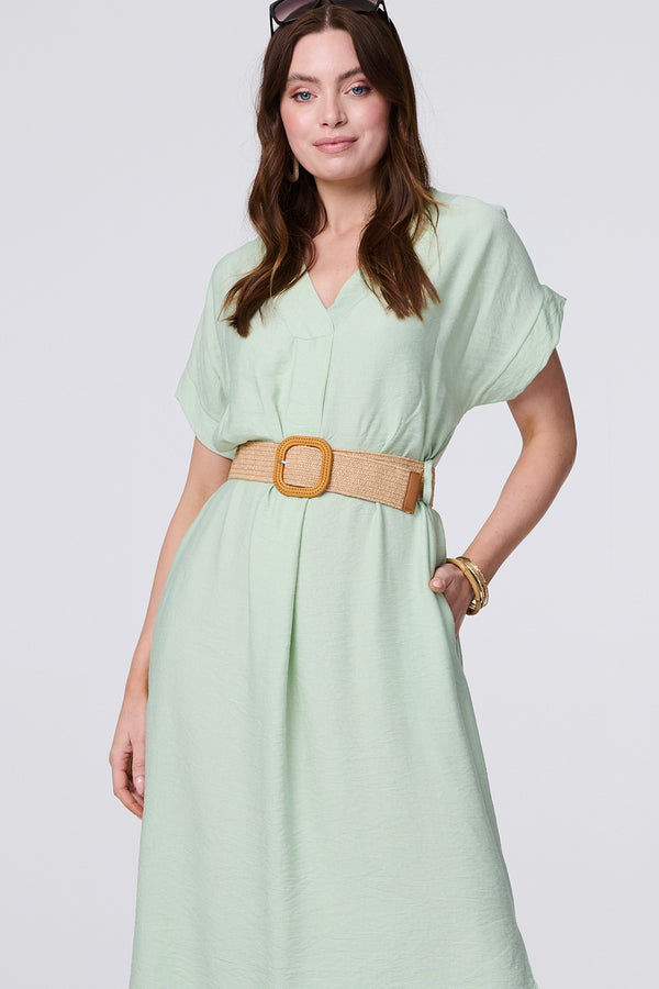 Green | V-Neck Short Sleeve Belted Tunic Dress