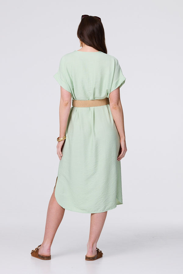 Green | V-Neck Short Sleeve Belted Tunic Dress
