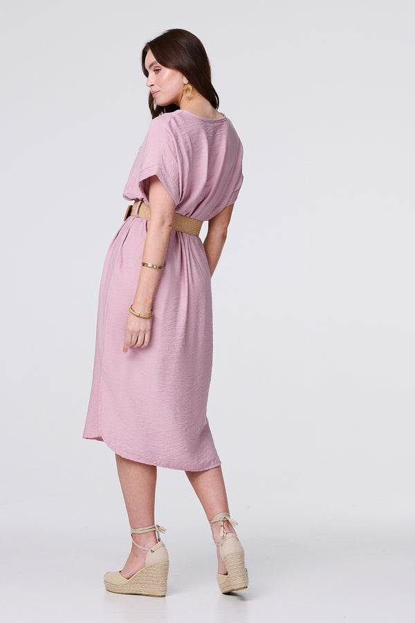 Pink | V-Neck Short Sleeve Belted Tunic Dress