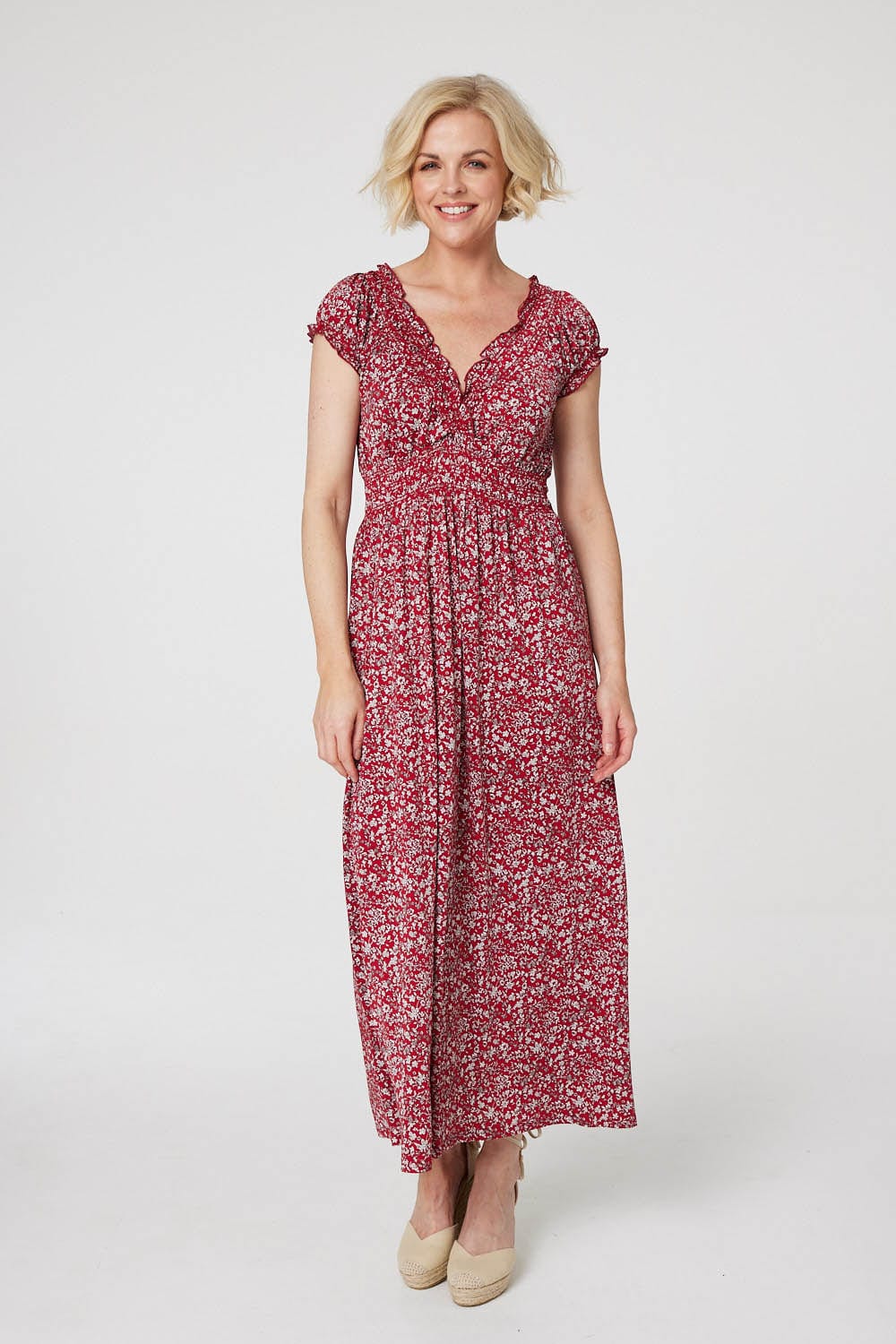 Red | Floral Shirred Detail Maxi Dress