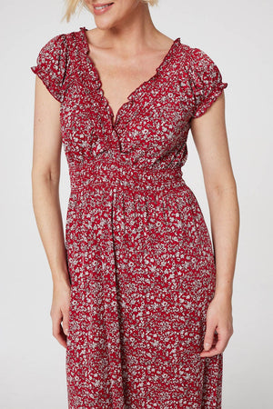 Red | Floral Shirred Detail Maxi Dress