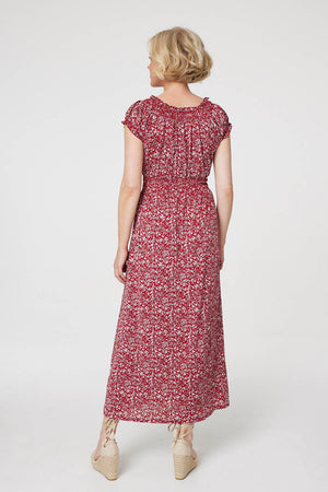 Red | Floral Shirred Detail Maxi Dress