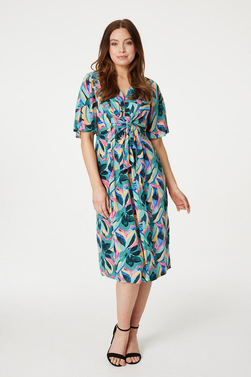 Green | Floral Tie Front Midi Dress