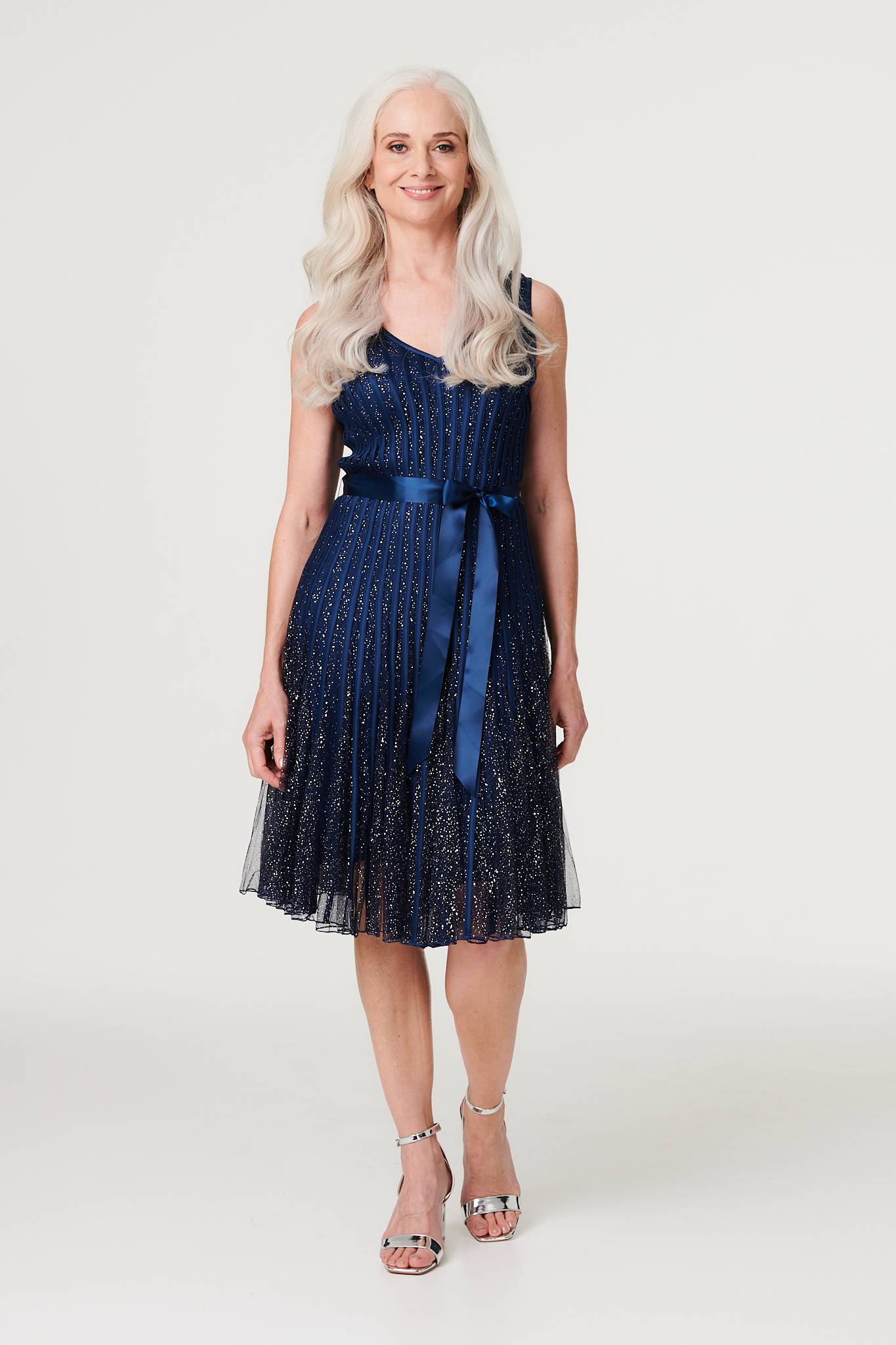 Navy | Sequin Sleeveless Tie Waist Dress