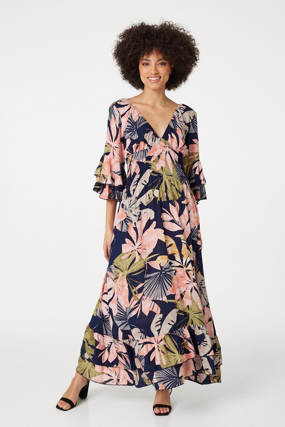 Navy | Leaf Print Ruffle Maxi Dress