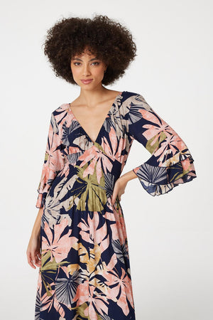 Navy | Leaf Print Ruffle Maxi Dress