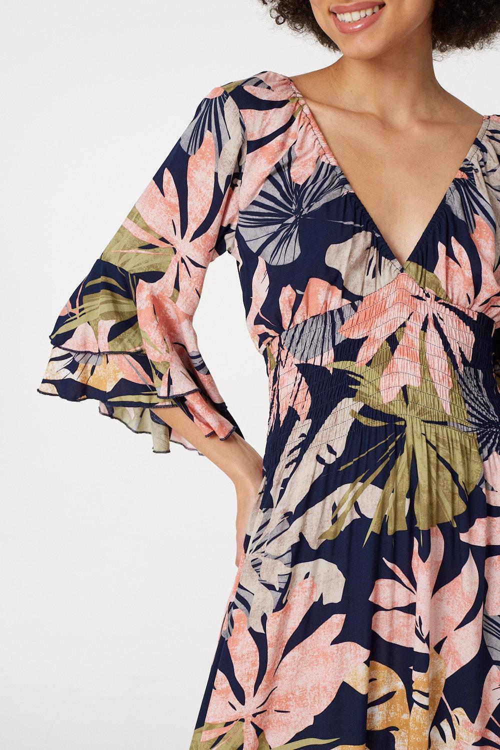 Navy | Leaf Print Ruffle Maxi Dress