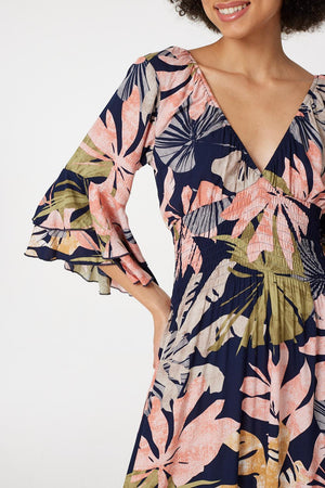 Navy | Leaf Print Ruffle Maxi Dress